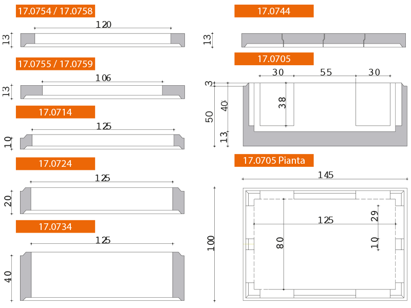 Pozzetto 125x80 per cavi in fibra ottica Telecom, Tim, Enel, Open Fiber, Infratel, Wind, Metroweb e Fastweb - Disegno tecnico